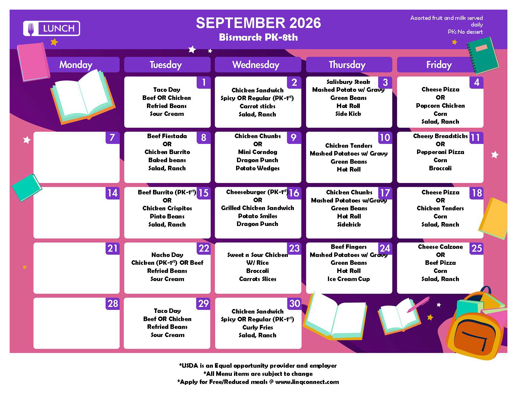 A digital calendar for September 2026 displayed with a purple and pink color scheme and daily activity listings.
